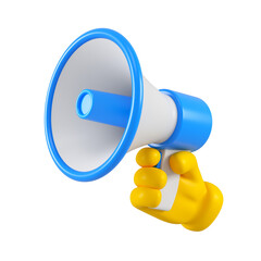 Cartoon character yellow hand with blue megaphone isolated. Close up breaking news metaphor, disclosure of information concept. 3d rendering.