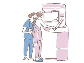 マンモグラフィ検査を受ける検査着の女性と看護師（ピンク系カラー）
