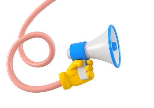 Cartoon character flexible twisted hand with megaphone isolated. Close up breaking news metaphor, disclosure of information concept. 3d rendering.
