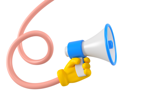 Cartoon character flexible twisted hand with megaphone isolated. Close up breaking news metaphor, disclosure of information concept. 3d rendering.