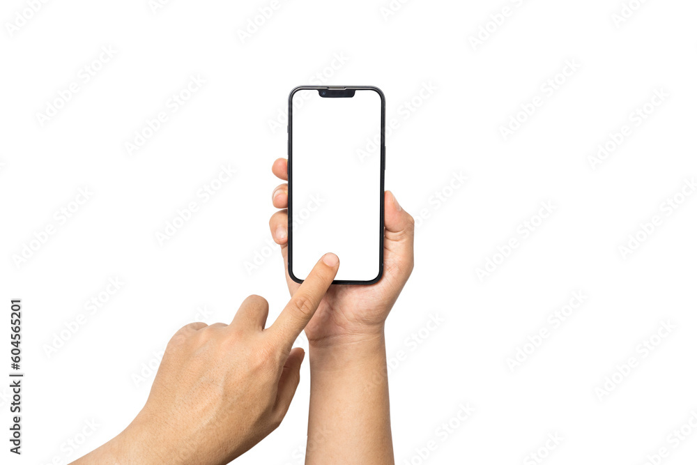 Poster isolation of hand holding blank screen of smartphone on white background with clipping path for mock