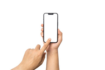 Isolation of Hand holding  blank screen of smartphone on white background with clipping path for mockup advertisement and social icon.