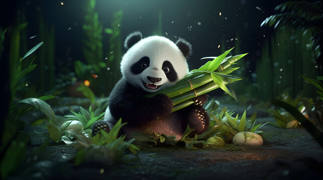 a cute panda in the forest, panda playing with bamboo plant tree. Generative AI