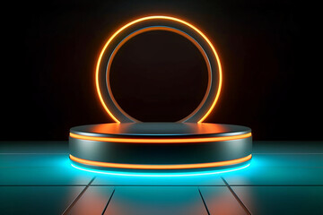 Podium on a black background with neon illumination. Universal background.