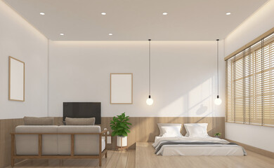 Modern japan style bedroom decorated with built-in bed and hanging lamp, minimalist living area and wood slat wall. 3d rendering