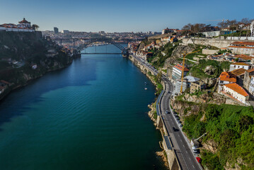 View from Infante D. Henrique Bridge on a Dom Luis I Bridge over Douro River, Porto city, Portugal