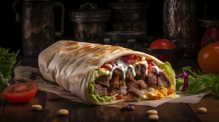 an artistic image of a delicious shawarma filled with savory ingredients such as juicy tomatoes, crisp onions, fresh lettuce, and creamy mayonnaise. The shawarma should be depicted in a visually appea