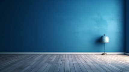 Blue empty wall and wooden floor with interesting light glare. Interior background for the presentation.