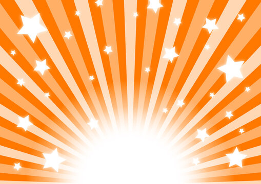 オレンジ色の放射が広がり星が散りばめられた背景イメージ素材。A background image material in which orange radiation spreads and stars are scattered.