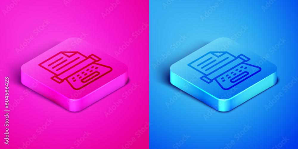 Poster isometric line retro typewriter and paper sheet icon isolated on pink and blue background. square bu