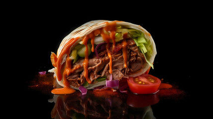 an artistic image of a delicious shawarma filled with savory ingredients such as juicy tomatoes, crisp onions, fresh lettuce, and creamy mayonnaise. The shawarma should be depicted in a visually appea