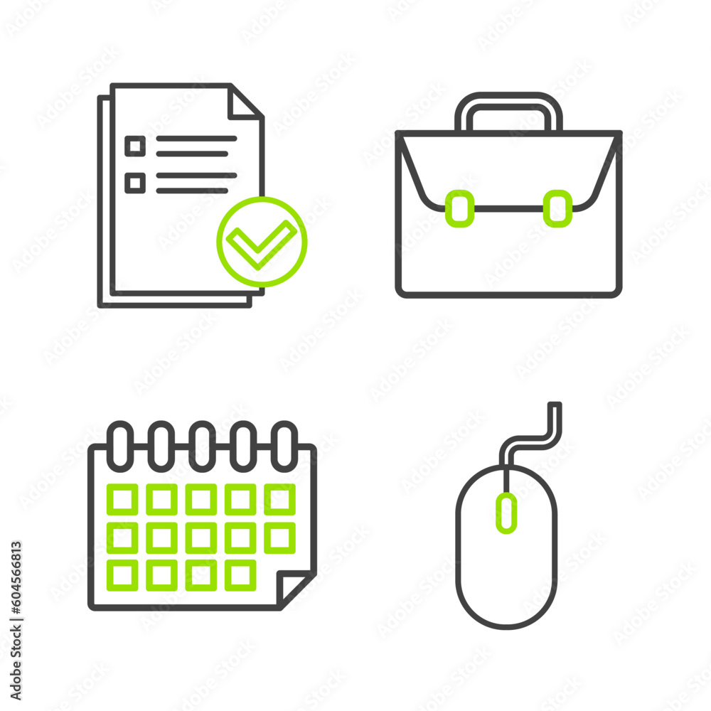 Poster set line computer mouse, calendar, briefcase and document and check mark icon. vector