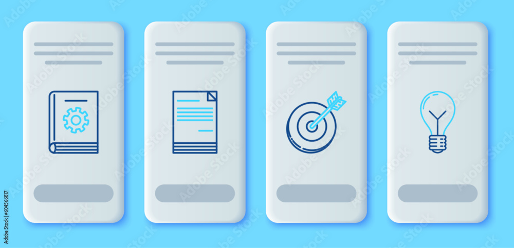 Poster set line document, target, user manual and light bulb with concept of idea icon. vector