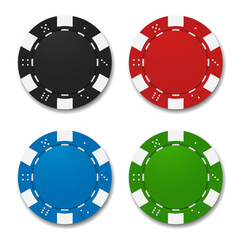 Poker chips in different color. Black, red, blue and green chips on white background. Vector illustration.
