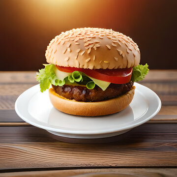 Juicy burger with fries and drink on a table new stock image quality food illustration desktop wallpaper . AI Generative 