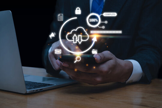 businessman investor in suit using mobile phone manage data file with icon diagram, cloud computing technology, internet security, business finance, digital marketing, file data transfer concept - Powered by Adobe