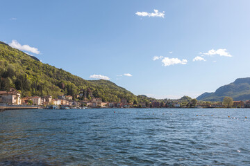 High angle view of Portoceresio, a town on Lake Lugano in the province of Varese, Italy. Copy space