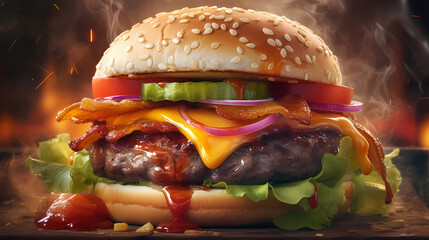 artistic image of a mouth-watering juicy burger with flying bacon, fries, sausage, and cheese splashes. The focus should be on creating an ultra-realistic, 