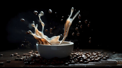  artistic image of coffee beans dropping into a milky liquid against a dark background, with a focus on ultra-realistic, photo-realistic, or hyper-realistic details. The image should showcase
