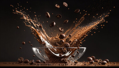  artistic image of coffee beans dropping into a milky liquid against a dark background, with a focus on ultra-realistic, photo-realistic, or hyper-realistic details. The image should showcase