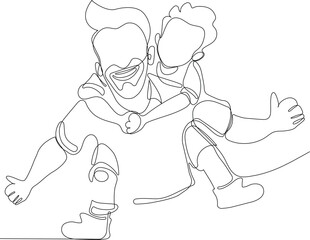 Hugs of a father with a child. One continuous line drawing banner, background, poster with family embrace. Happy Father Day simple vector illustration of child and father. Vector illustration