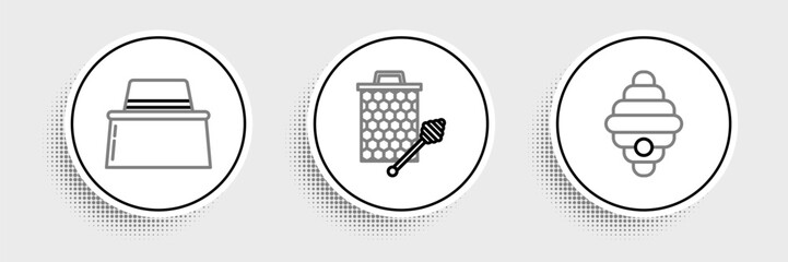 Set line Hive for bees, Beekeeper with protect hat and Honeycomb honey dipper stickicon icon. Vector