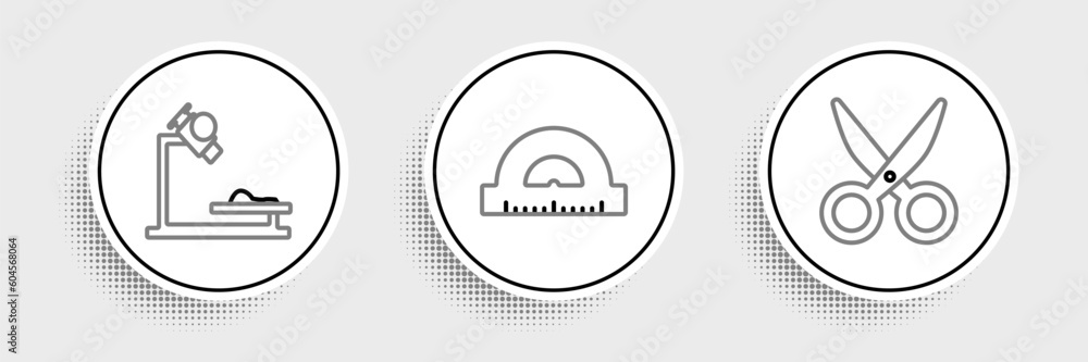 Poster set line scissors, microscope and protractor grid for measuring degrees icon. vector