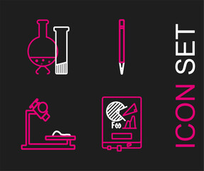 Set line Board with graph chart, Microscope, Pencil eraser and Test tube and flask chemical laboratory test icon. Vector
