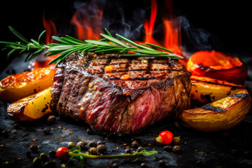 fried steak on the grill lies on a stone board with vegetables. Gourmet food. Generative AI