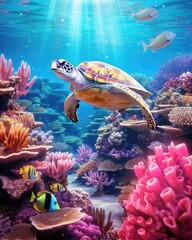 Marine life found in colorful coral reef with a turtle. (Generative AI)