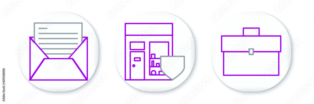 Poster set line briefcase, mail and e-mail and shopping building with shield icon. vector