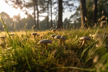 Naklejka na ściany i meble Morning photo of a green grass meadow with many meadow mushrooms. Generative ai 4