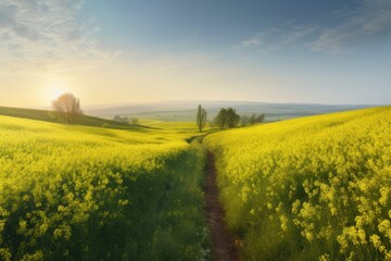 atural panoramic spring summer landscape. Path through a rapeseed meadow. genart 1