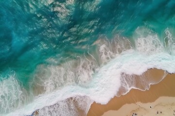 Ocean waves on the beach as a background. Beautiful natural summer vacation holidays background. Aerial top down view of beach and sea with blue water. Generative ai 1