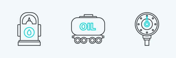 Set line Motor gas gauge, Petrol Gas station and Oil railway cistern icon. Vector