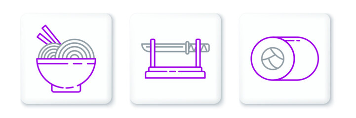 Set line Sushi, Asian noodles in bowl and chopsticks and Traditional Japanese katana icon. Vector