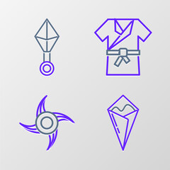 Set line Temaki roll, Japanese ninja shuriken, costume Kimono and icon. Vector