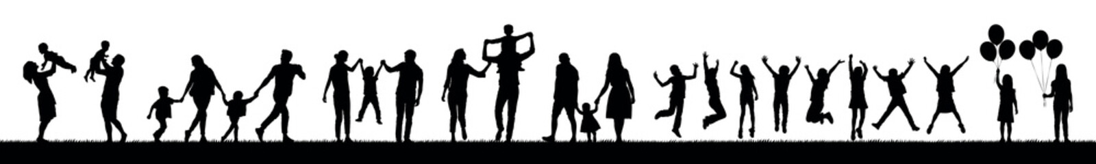Silhouettes set of group people adult and kids outdoor activities vector.
