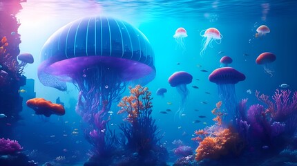 Naklejka na ściany i meble Immerse yourself in the awe-inspiring beauty of this futuristic underwater cityscape. Vibrant hues illuminate the depths as an array of colorful marine life gracefully swim through the water. Ai image