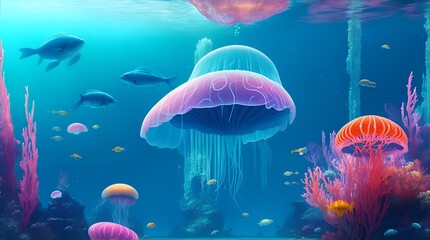 Naklejka na ściany i meble Immerse yourself in the awe-inspiring beauty of this futuristic underwater cityscape. Vibrant hues illuminate the depths as an array of colorful marine life gracefully swim through the water. Ai image
