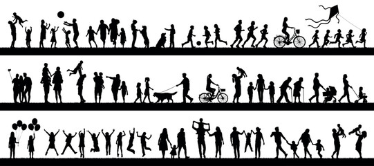 Fototapeta Group people adult seniors and kids outdoor activities vector silhouette set. Family recreation friends children having fun outdoor in park silhouettes. obraz
