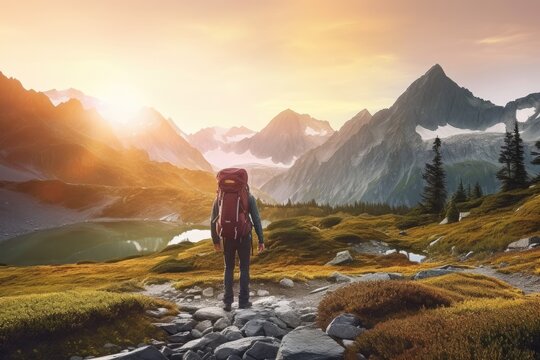 landscape in the mountains of a man hking