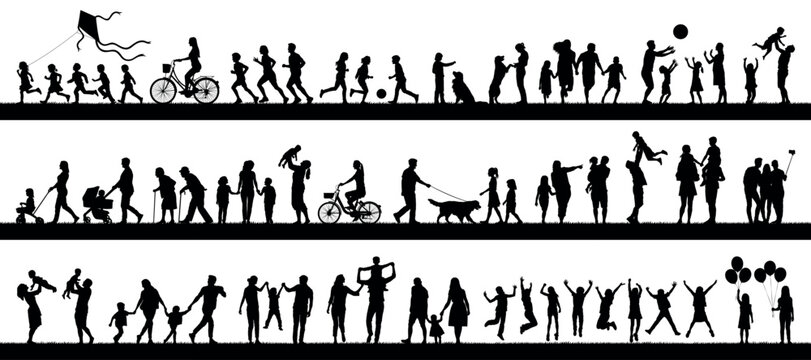 Silhouettes set of group people adult seniors and kids outdoor activities vector. Family recreation friends children having fun outdoor in park silhouettes.