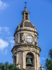 Bell tower of Cathedral of Saint Agatha in historic part of Catania, Sicily Island in Italy