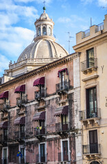 Buildings on University Square in historic part of Catania, Sicily Island in Italy