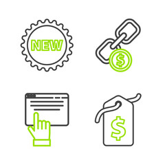 Set line Price tag with dollar, Online shopping on screen, Chain link and coin and New icon. Vector