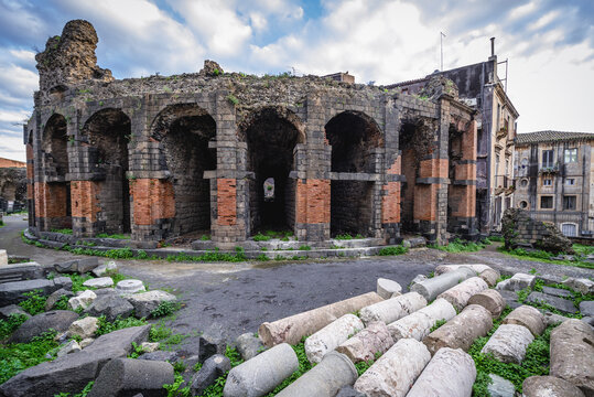 Ruins of ancient Roman Odeon in historic part of Catania city, Sicily Island in Italy