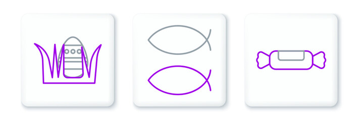 Set line Candy, Easter egg and Christian fish icon. Vector