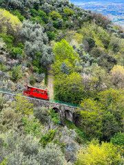top view of the ancient red tram of Montecatini.Tuscany, Italy