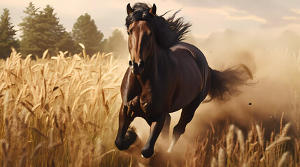 Experience the exhilarating sight of a horse galloping freely through a vast field. With unbridled energy and untamed spirit, it dashes across the landscape.